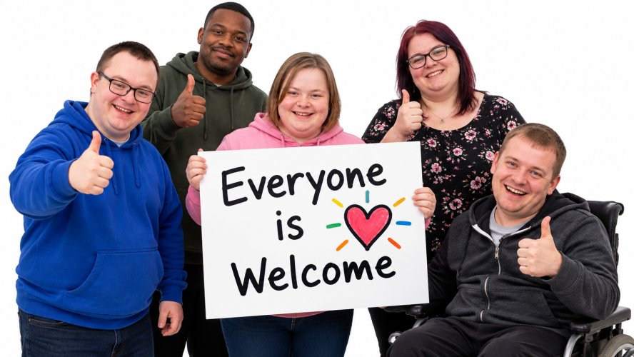 Peope holding a sign everyone is welcome