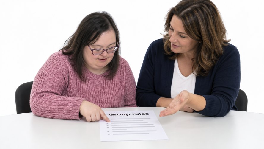 Two people looking at the rules on the piece of paper