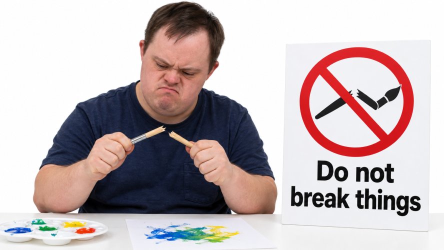 A man is angry and broken a paintbrush in half