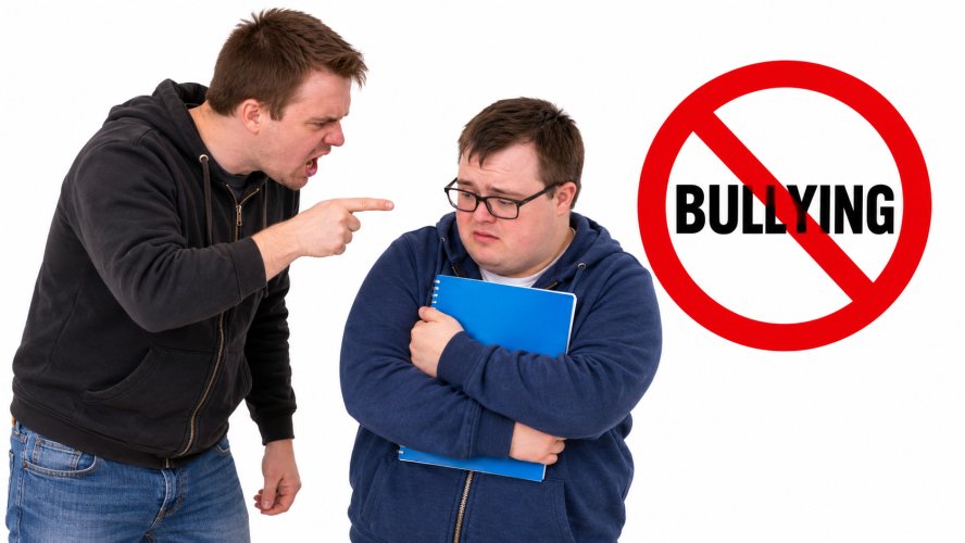 Someone bullying with a sign says no bullying