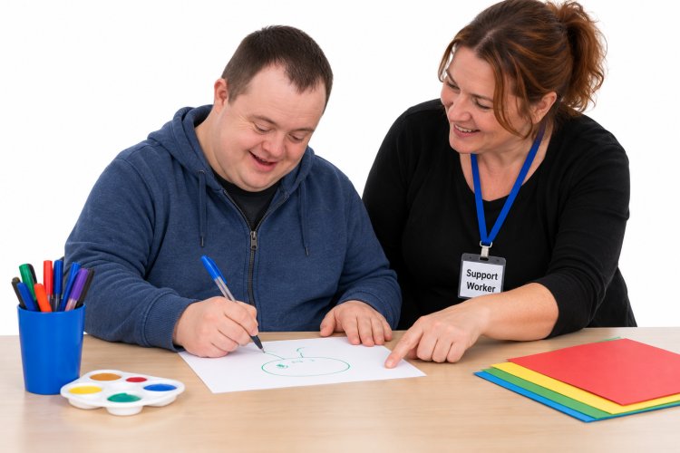 A man doing art with a support worker