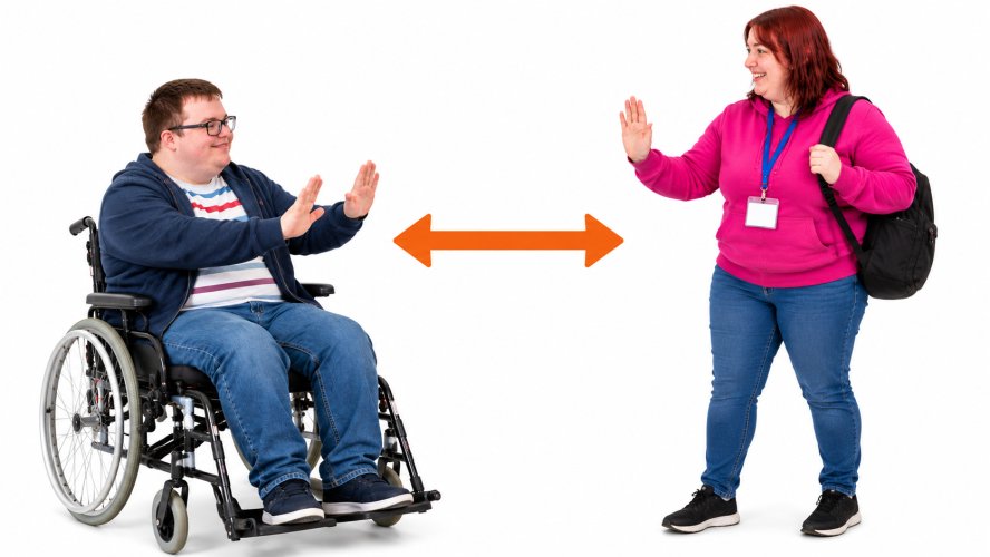 Man in a chair puting up hands up to say back away to a women.