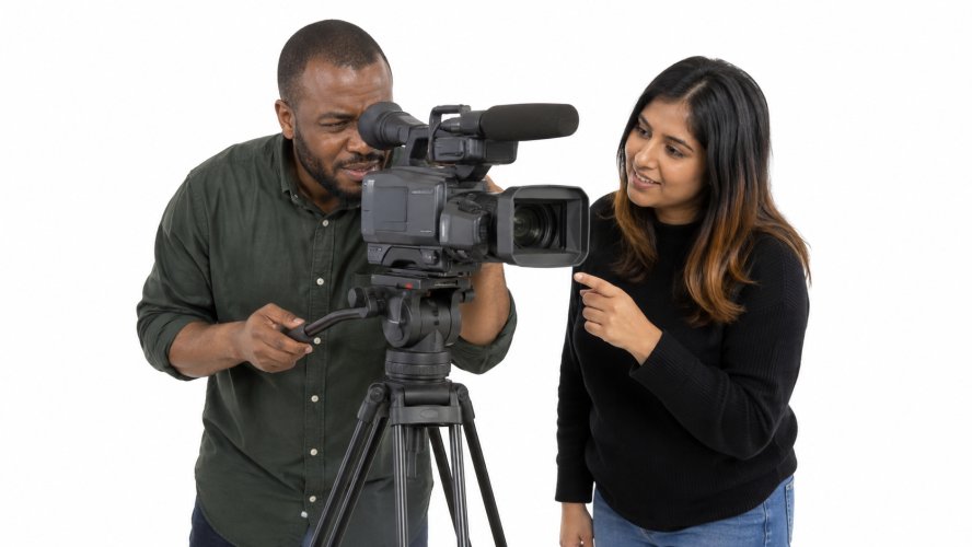 Two people learning how Learning how to use acamera