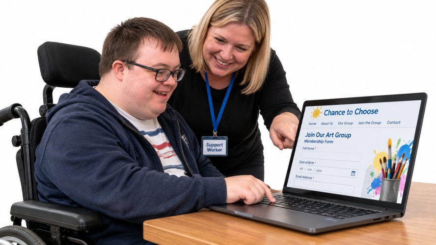 someone in a wheelchair with support on laptop doing chance to choose online form to join.